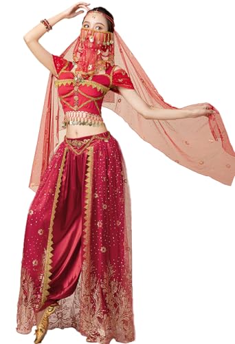 ORIDOOR Womens New Aladdin Jasmine Princess Belly Dance Halloween Costume Set Belly Dance for Dress Up Party 5 Piece Outfit Small Wine red - Image 3