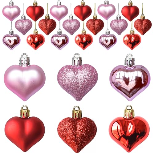 Tindobewan 24Pcs Heart Ornaments Multi Finish Heart Baubles Hanging Ornaments for Valentine’s Day Decor Mother's Day Christmas Tree Wedding Anniversary Party Decoration(Pink and Red) - Image 1