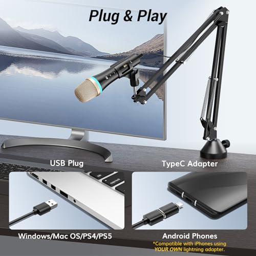 TONOR Dynamic USB/Type-C Microphone for PC, RGB Podcast Computer Gaming Microphone with Arm Stand for Recording, Live, Streaming, YouTube, Vocals, Studio, Karaoke Microphone, Quick Mute Button, Black - Image 2