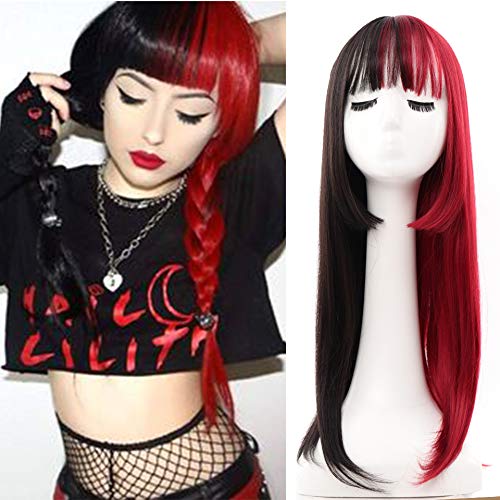 Kaneles Half Red Half Black Wig with Bangs Long Straight Synthetic Heat Resistant Wig for Women Hair Natural Halloween Cosplay Wigs (Half Black Half Red) - Image 1
