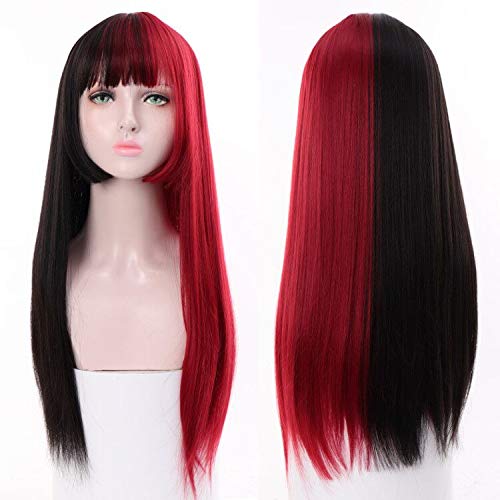 Kaneles Half Red Half Black Wig with Bangs Long Straight Synthetic Heat Resistant Wig for Women Hair Natural Halloween Cosplay Wigs (Half Black Half Red) - Image 2
