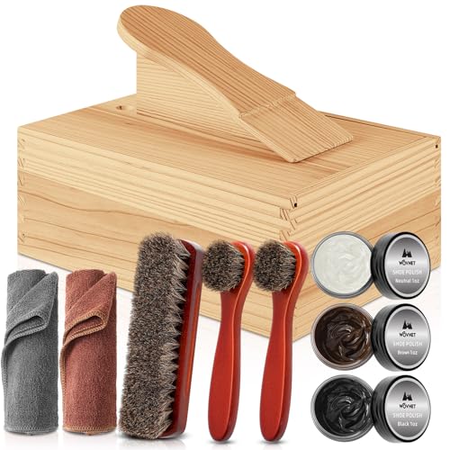 Wovnet 9 Pcs Shoe Shine Valet Box Including 1 Wooden Storage Box, 3 Colors Shoe Cream, 3 Big Brushes and 2 Towels, Shine Care Kit for Men Leather Boot Father's Day Birthday Gift - Image 1