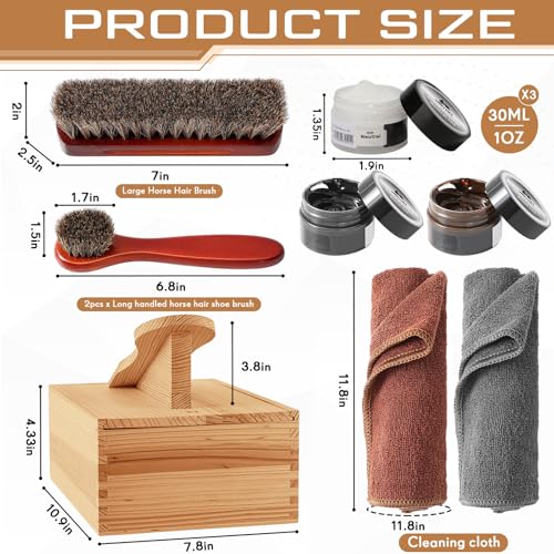 Wovnet 9 Pcs Shoe Shine Valet Box Including 1 Wooden Storage Box, 3 Colors Shoe Cream, 3 Big Brushes and 2 Towels, Shine Care Kit for Men Leather Boot Father's Day Birthday Gift - Image 2