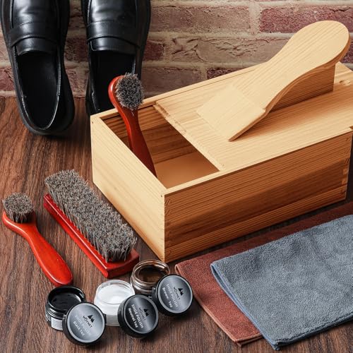 Wovnet 9 Pcs Shoe Shine Valet Box Including 1 Wooden Storage Box, 3 Colors Shoe Cream, 3 Big Brushes and 2 Towels, Shine Care Kit for Men Leather Boot Father's Day Birthday Gift - Image 3