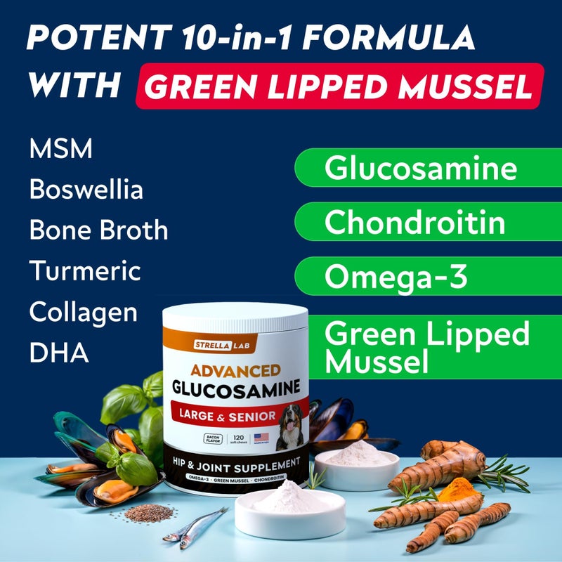 StrellaLab Advanced Glucosamine Hip & Joint Supplement for Senior Dogs - Green Lipped Mussel & Collagen - Hip & Joint Pain Relief - Large & Small Breed - Joint Health - Bacon - 120 Chews - Image 5