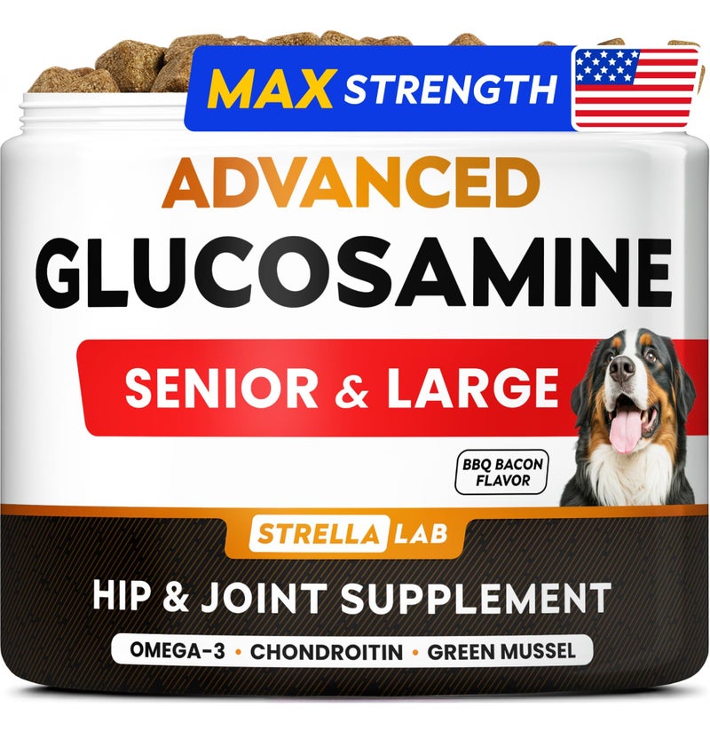 StrellaLab Advanced Glucosamine Hip & Joint Supplement for Senior Dogs - Green Lipped Mussel & Collagen - Hip & Joint Pain Relief - Large & Small Breed - Joint Health - Bacon - 120 Chews - Image 1