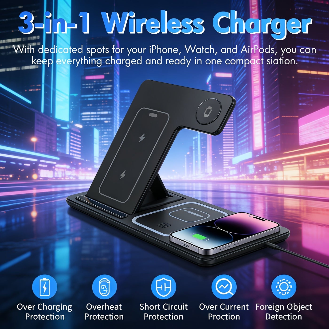 Newly Upgraded 3 In 1 Fast Wireless Charging Station 15W Foldable Charging Stand Compatible With iPhone 16 15 14 13 12 11 Pro Max Mini Plus X Xr Xs Se 8 Plus iWatch 1 2 3 4 5 6 7 8 9 10 Airpods 4 3 2 Pro White Lightweight Design Efficient Charging