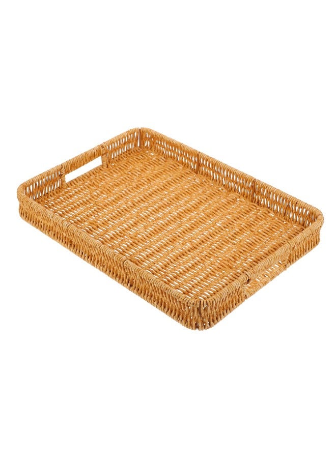 Hihonor Hand-Woven Rattan Storage Basket with Handles, Rectangle Food Serving Tray, Imitation Rattan Tray for Kitchen Counter, Living Room, Bathroom, Outdoor Activities, 13.4 x 9.4 x 1.8 inches - Image 1