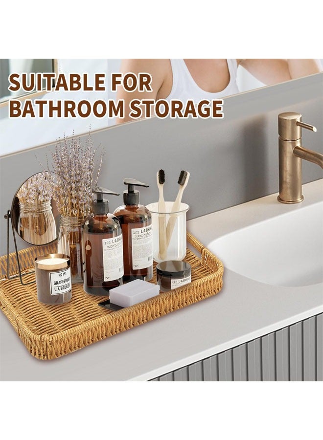 Hihonor Hand-Woven Rattan Storage Basket with Handles, Rectangle Food Serving Tray, Imitation Rattan Tray for Kitchen Counter, Living Room, Bathroom, Outdoor Activities, 13.4 x 9.4 x 1.8 inches - Image 5