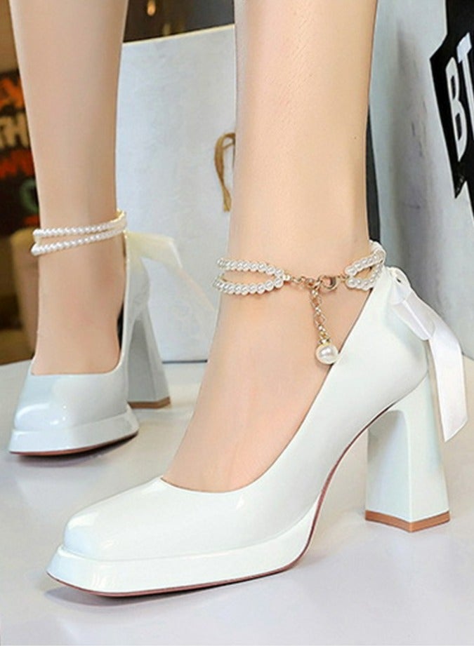 بيج تري المرأة براءة الاختراع منصة الجلد الكعب العالي مربع مغلق إصبع القدم مضخات أبيض 9CM - Image 4