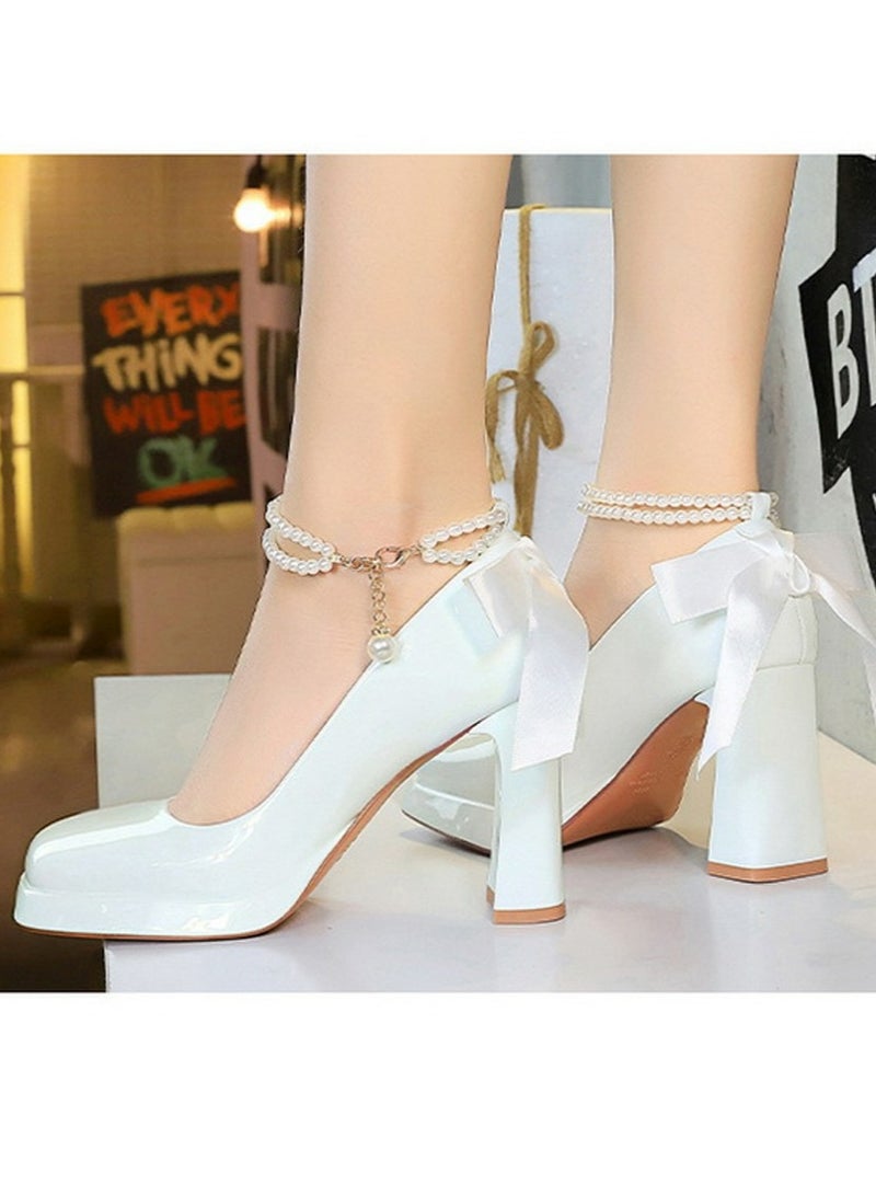 بيج تري المرأة براءة الاختراع منصة الجلد الكعب العالي مربع مغلق إصبع القدم مضخات أبيض 9CM - Image 5