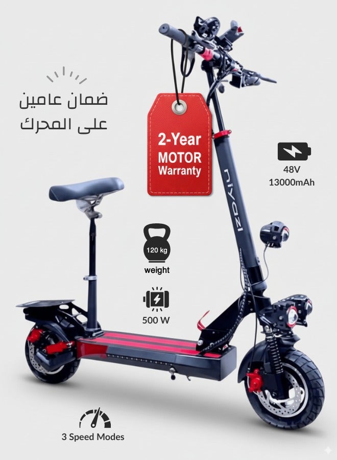 NIYAZI Electric Scooter for Adults | Electric Scooter with Seat | Foldable Electric Scooter | 48V Voltage | Front and Rear Lights | Shock Absorption Suspension | Weight Capacity 120 KG | 10-Inch Tires - Image 1