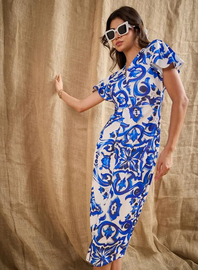 SASSAFRAS All Over Print V Neck Sheath Midi Dress by Styli