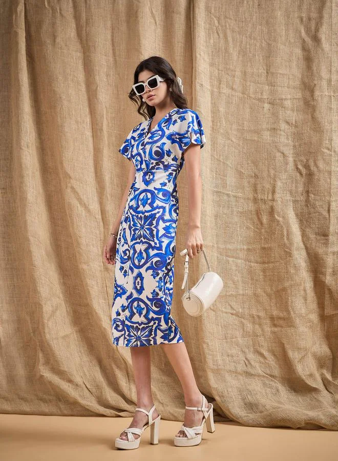 SASSAFRAS All Over Print V Neck Sheath Midi Dress by Styli