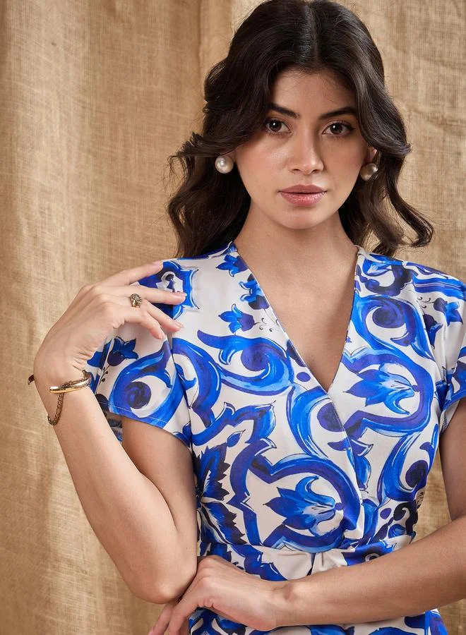 SASSAFRAS All Over Print V Neck Sheath Midi Dress by Styli