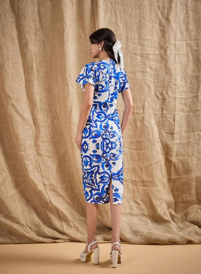 SASSAFRAS All Over Print V Neck Sheath Midi Dress by Styli
