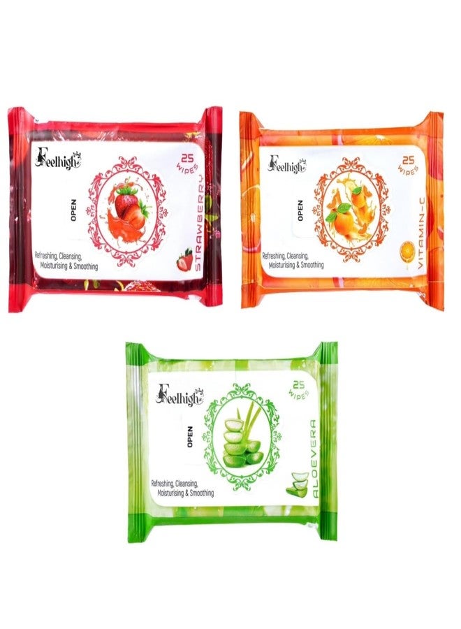 FEELHIGH مناديل فيلهاي لإزالة المكياج والوجه، عبوة من 3 قطع، مناديل وجه فردية لطيفة مع خلاصة الصويا الغنية بالرطوبة للمساعدة في ترك بشرتك تبدو مشرقة، تركيبة مضادة للحساسية (متوسط، صبار + فراولة + فيتامين ج) - Image 1