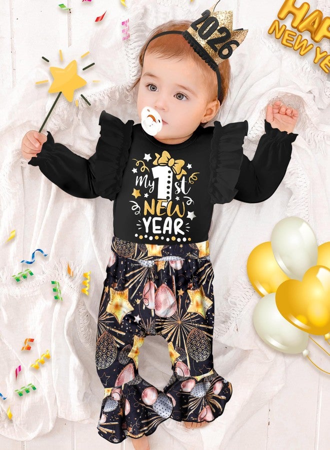 Aulyffo New Year Baby Girl Clothes 6-9 Months My First New Years Baby Girl Outfit 2026 Long Sleeve Ruffle Romper + Flared Pants + Cute Hat 3PCS Baby New Years Outfit Girl - Image 2