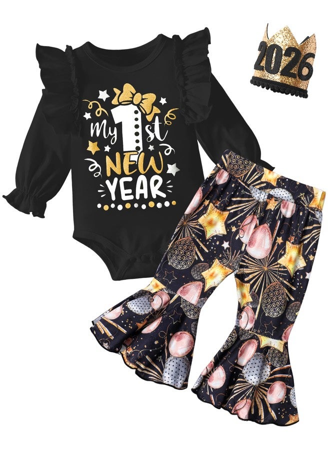 Aulyffo New Year Baby Girl Clothes 6-9 Months My First New Years Baby Girl Outfit 2026 Long Sleeve Ruffle Romper + Flared Pants + Cute Hat 3PCS Baby New Years Outfit Girl - Image 1