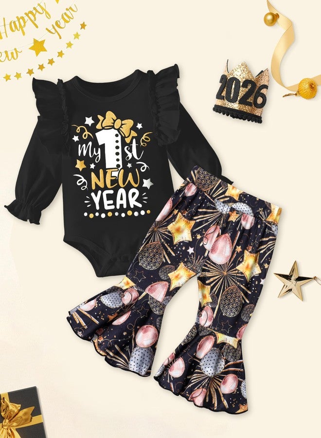 Aulyffo New Year Baby Girl Clothes 6-9 Months My First New Years Baby Girl Outfit 2026 Long Sleeve Ruffle Romper + Flared Pants + Cute Hat 3PCS Baby New Years Outfit Girl - Image 3