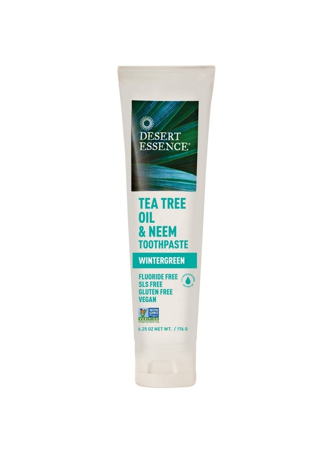 ديزيرت أسينس - معجون أسنان Desert Essence بزيت شجرة الشاي والنيم - تركيبة خالية من الفلورايد والغلوتين وSLS - معجون أسنان نباتي عشبي لتقليل البلاك - بنكهة وينترغرين، 6.25 أونصة - Image 1