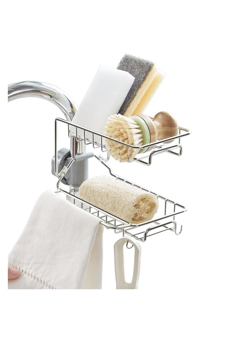 Excefore Double-Layer Sponge Holder Installed at Faucet for Kitchen Sink, Soap Sponge Holder with Towel Rack for Kitchen Bathroom - Image 1