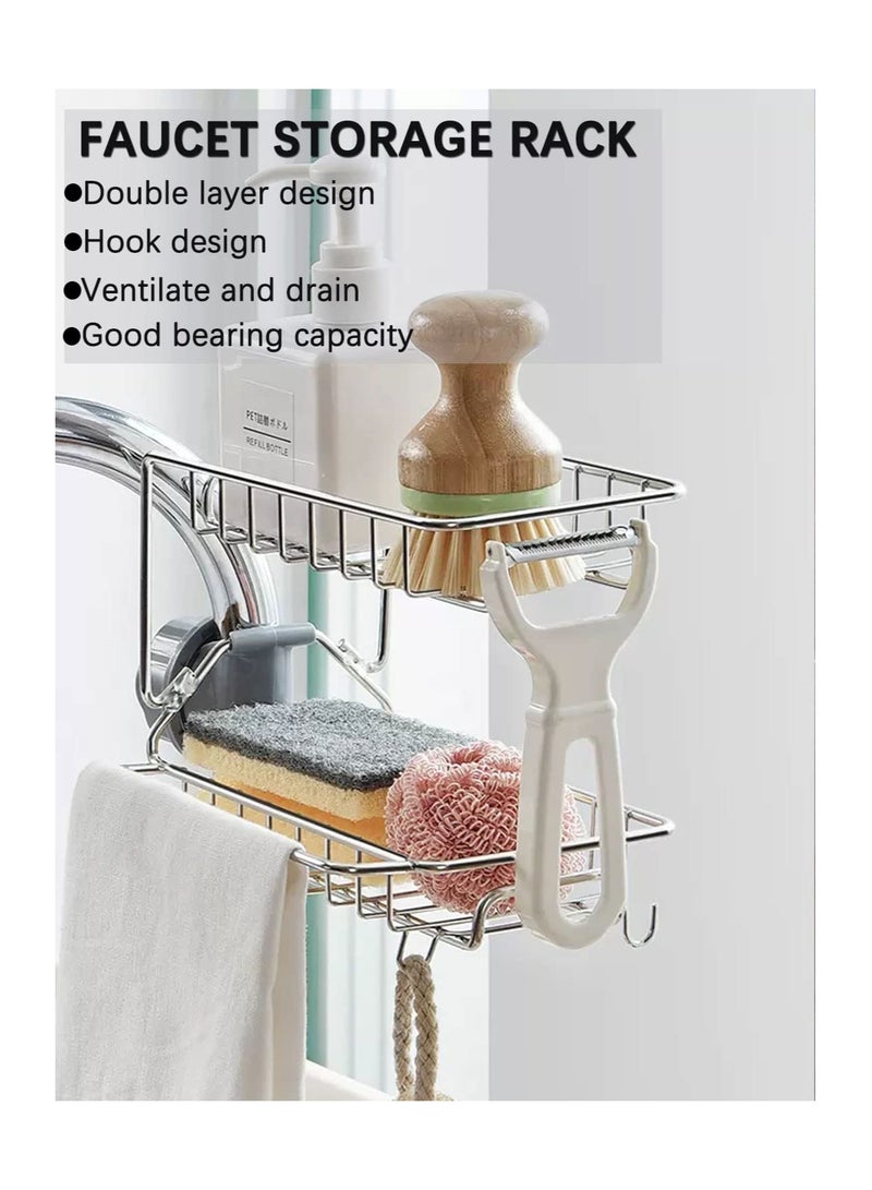 Excefore Double-Layer Sponge Holder Installed at Faucet for Kitchen Sink, Soap Sponge Holder with Towel Rack for Kitchen Bathroom - Image 2