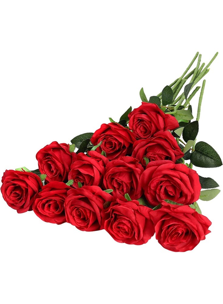 موندا 12 قطعة من زهور الحرير الاصطناعي باقة ورود واقعية ذات جذع طويل لتزيين المنزل وحفلات الزفاف (12 قطعة - أحمر 1) - Image 1