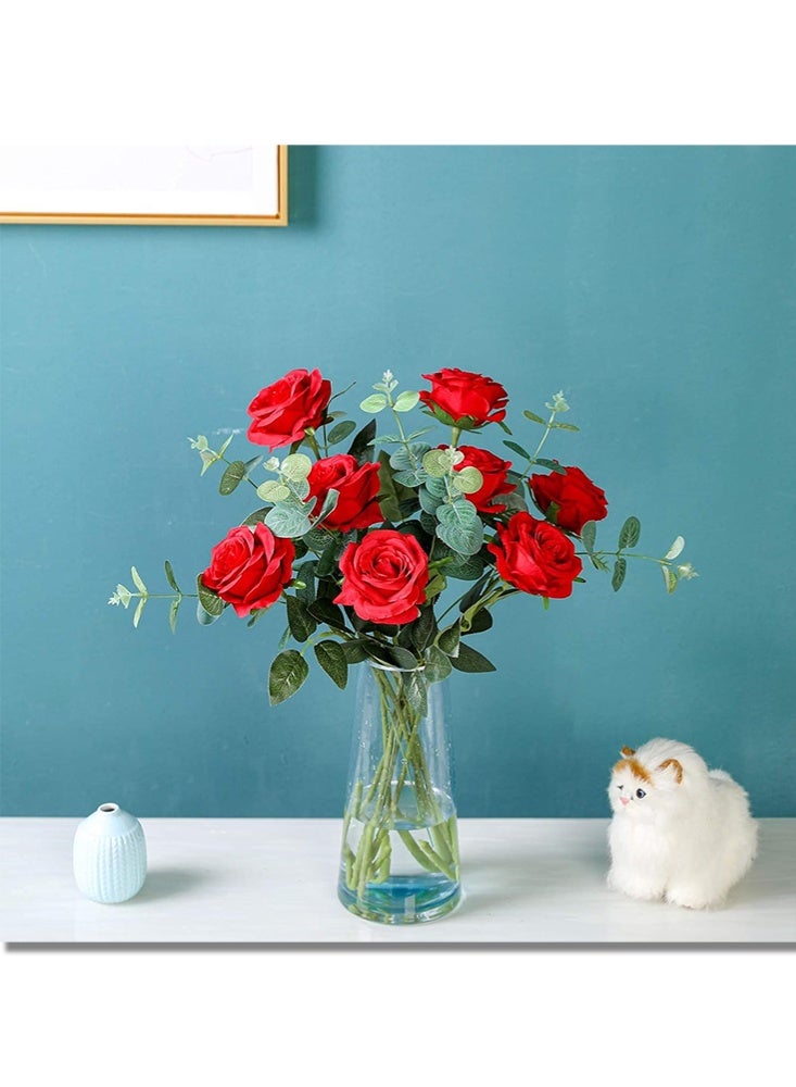 موندا 12 قطعة من زهور الحرير الاصطناعي باقة ورود واقعية ذات جذع طويل لتزيين المنزل وحفلات الزفاف (12 قطعة - أحمر 1) - Image 5