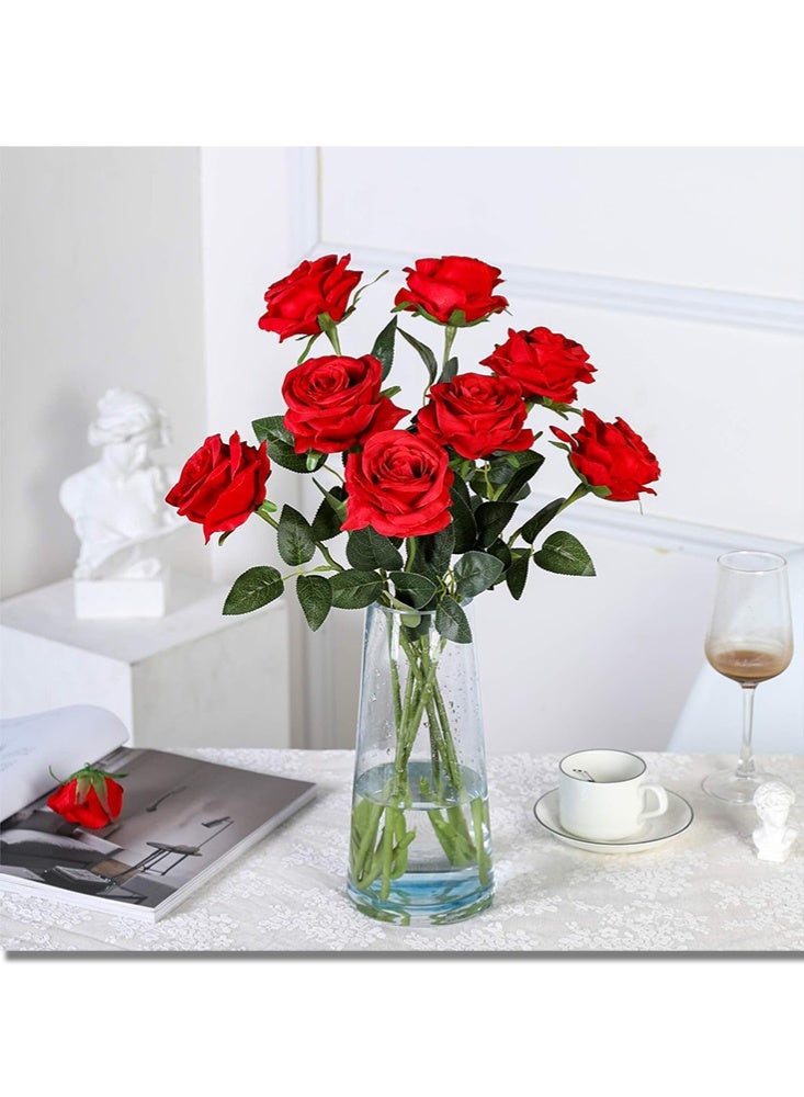موندا 12 قطعة من زهور الحرير الاصطناعي باقة ورود واقعية ذات جذع طويل لتزيين المنزل وحفلات الزفاف (12 قطعة - أحمر 1) - Image 3