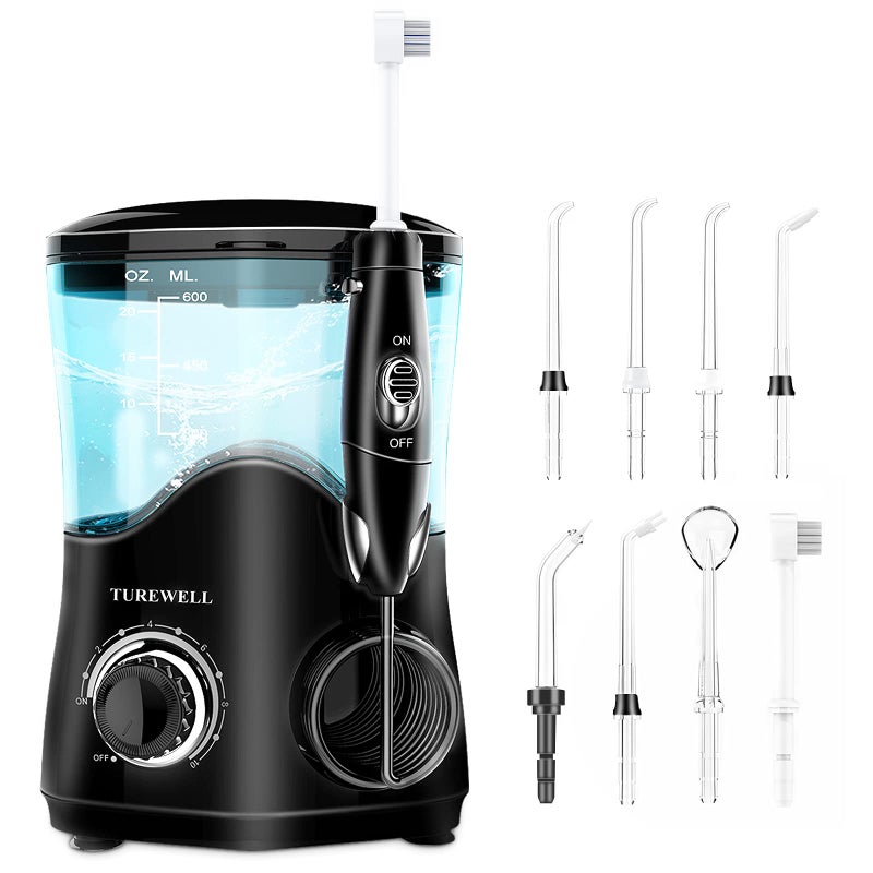 TUREWELL جهاز تنظيف الأسنان بالماء TUREWELL FC162 للأسنان/الأقواس، 10 مستويات ضغط، 8 رؤوس نفاثة للماء للعائلة، 600 مل جهاز كهربائي لتنظيف الفم بالماء للأسنان (أسود) - Image 1