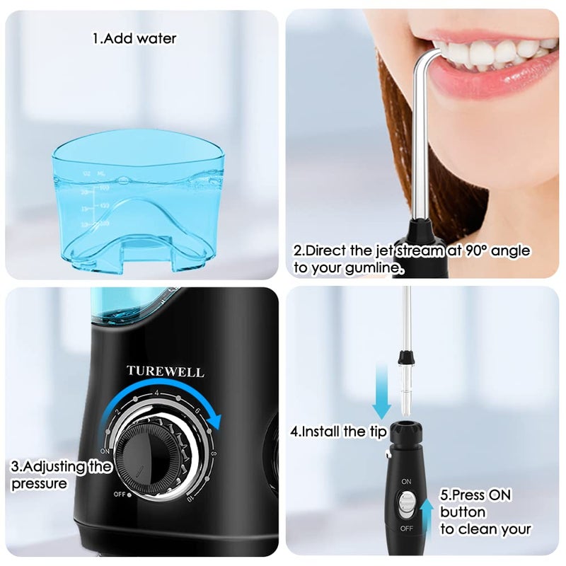 TUREWELL جهاز تنظيف الأسنان بالماء TUREWELL FC162 للأسنان/الأقواس، 10 مستويات ضغط، 8 رؤوس نفاثة للماء للعائلة، 600 مل جهاز كهربائي لتنظيف الفم بالماء للأسنان (أسود) - Image 4