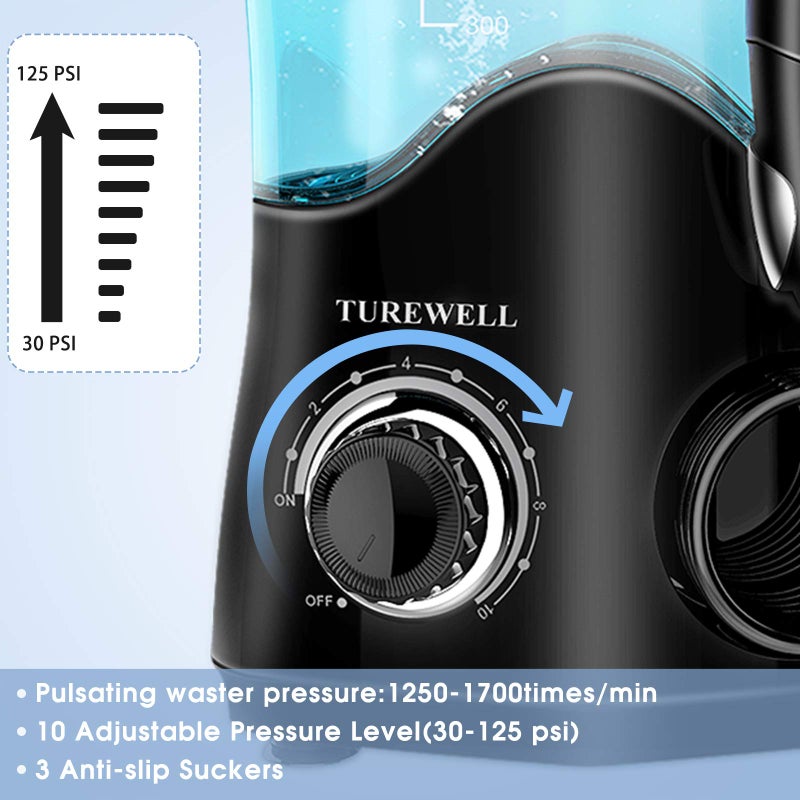TUREWELL جهاز تنظيف الأسنان بالماء TUREWELL FC162 للأسنان/الأقواس، 10 مستويات ضغط، 8 رؤوس نفاثة للماء للعائلة، 600 مل جهاز كهربائي لتنظيف الفم بالماء للأسنان (أسود) - Image 5