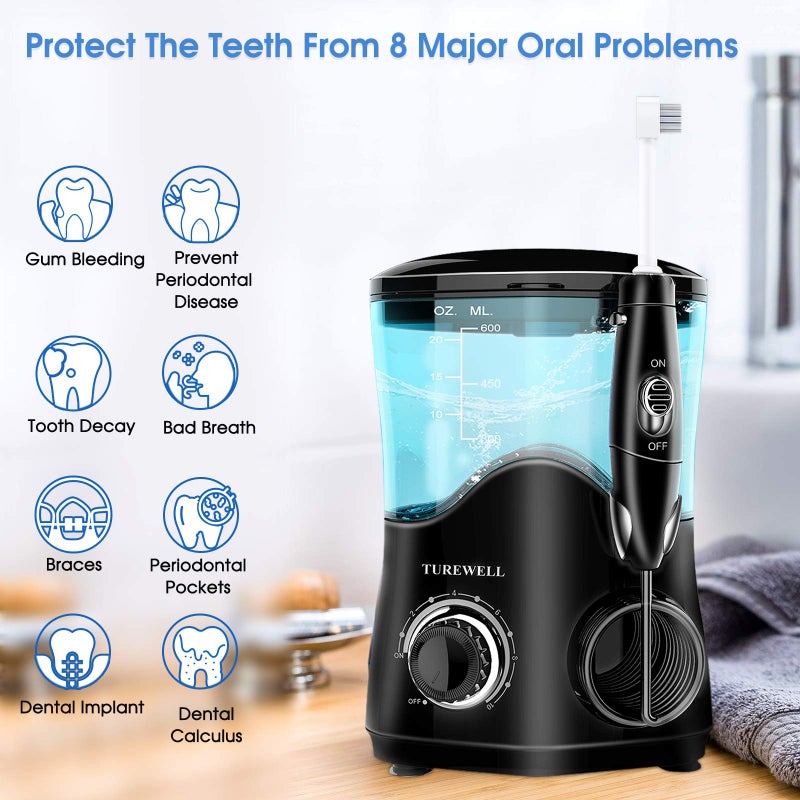 TUREWELL جهاز تنظيف الأسنان بالماء TUREWELL FC162 للأسنان/الأقواس، 10 مستويات ضغط، 8 رؤوس نفاثة للماء للعائلة، 600 مل جهاز كهربائي لتنظيف الفم بالماء للأسنان (أسود) - Image 2