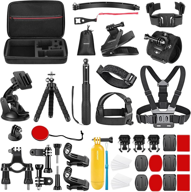 نيوير مجموعة إكسسوارات كاميرا أكشن 5 من نيور 50 في 1 متوافقة مع GoPro Hero 13 12 11 وDJI OSMO 4 3 2 وInsta360 X4 X3 وSJCAM وAKASO وVicTsing وAPEMAN وCampark وكاميرات Sony Sports DV مع حامل عمود كاميرا أكشن GP-10 - Image 1