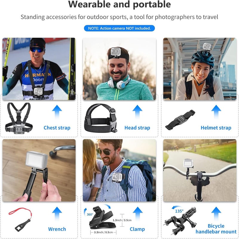 نيوير مجموعة إكسسوارات كاميرا أكشن 5 من نيور 50 في 1 متوافقة مع GoPro Hero 13 12 11 وDJI OSMO 4 3 2 وInsta360 X4 X3 وSJCAM وAKASO وVicTsing وAPEMAN وCampark وكاميرات Sony Sports DV مع حامل عمود كاميرا أكشن GP-10 - Image 4