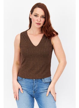 Women V-Neck Sleeveless Textured Top, Brown