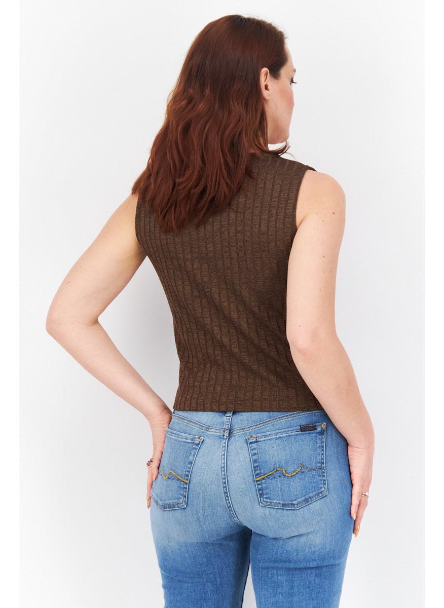 NA-KD - Women V-Neck Sleeveless Textured Top, Brown - Image 1
