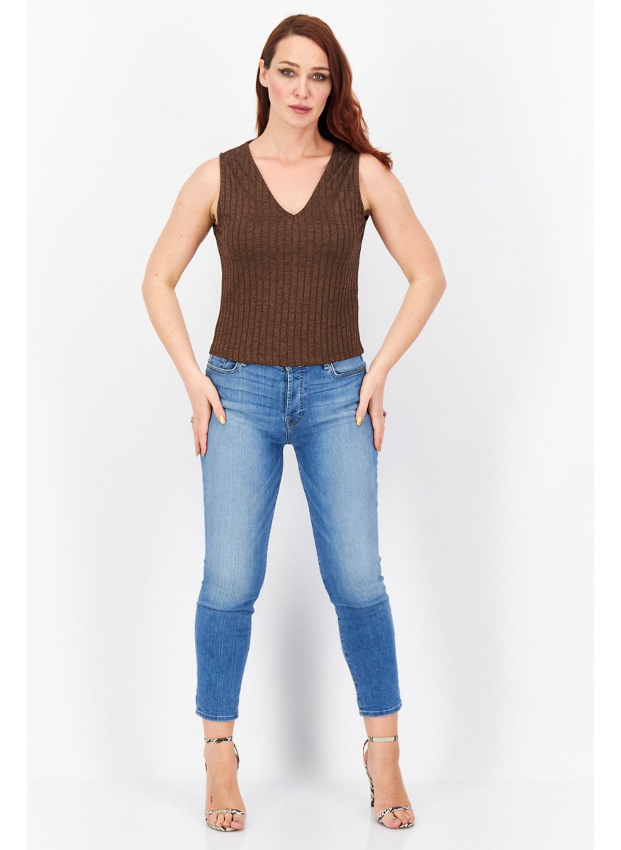 NA-KD - Women V-Neck Sleeveless Textured Top, Brown - Image 1