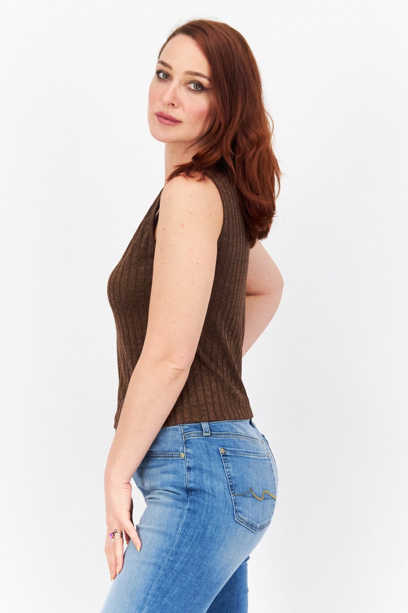 NA-KD بلوزة نسائية بدون أكمام بتصميم على شكل حرف V، بني - Image 4