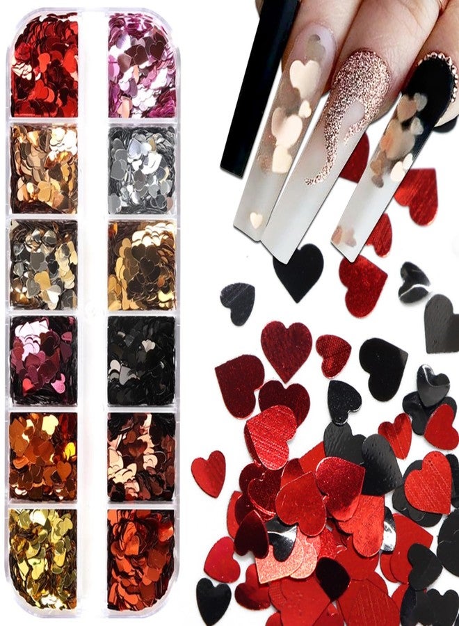 3D Heart Nail Art Stickers & Decals - Gold, Red, Black, Silver Glitter Sequins for Acrylic Nails - Valentine's Day Nail Art Accessories - Image 1