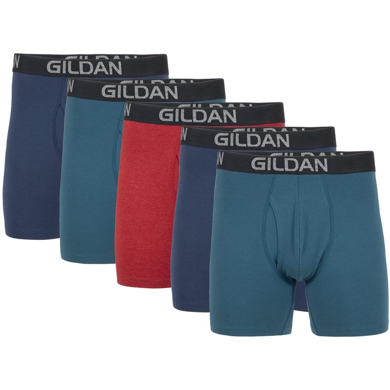 Gildan Men's Underwear Cotton Stretch Boxer Briefs, Multipack, Blue Cove/Hawaiian Blue/Heather Red Mark (5-Pack), X-Large - Image 1