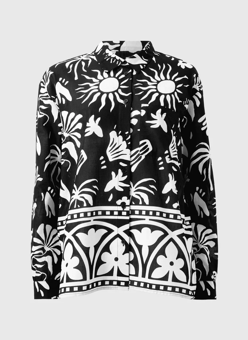 ماتلان Black Monochrome Border Print Co Ord Shirt