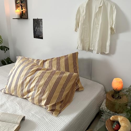 mixinni Queen Size Striped Pillowcases Set - 2 Pack 100% Cotton Rust & Beige Striped Pillow Covers with Envelope Closure | Classic Vintage Modern Bedding | Fits Standard/Queen (Pillows Not Included) - Image 1