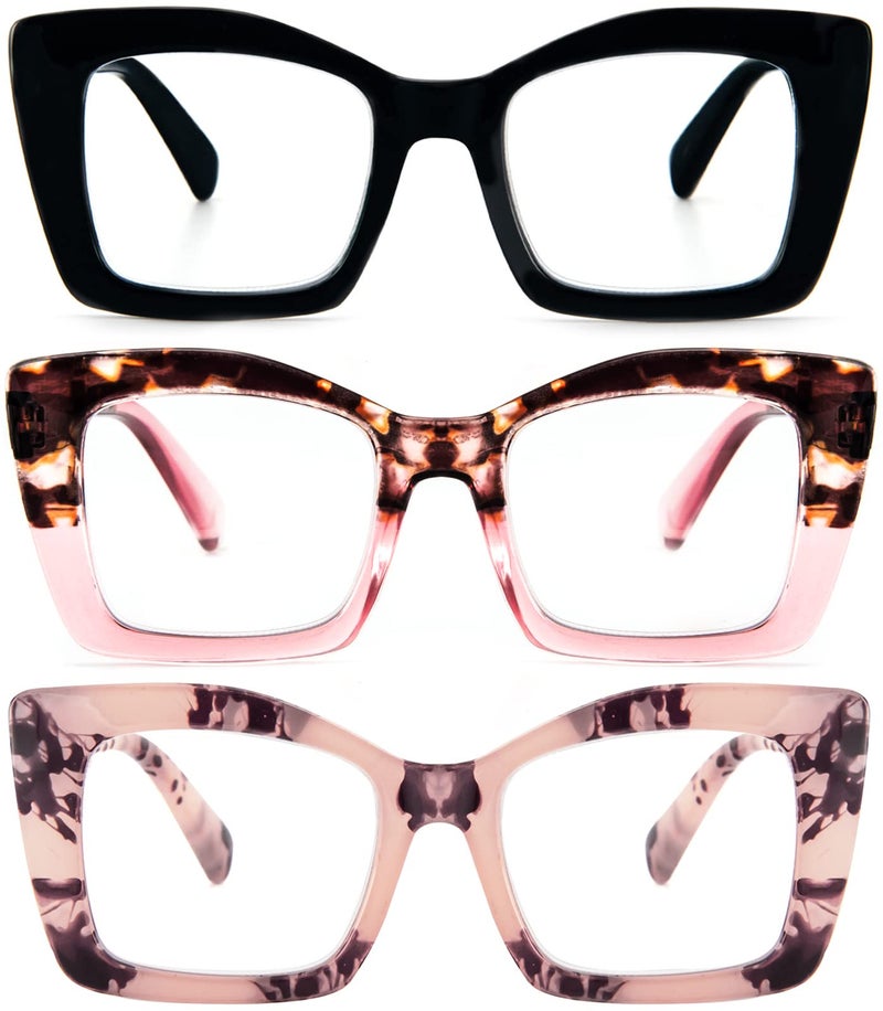 REAVEE 3 Pack Oversized Square Reading Glasses Oprah Style for Women Blue Light Blocking Large Frame Computer Designer Fashion Readers with Spring Hinge BlackPink TortoiseTortoise Pink175