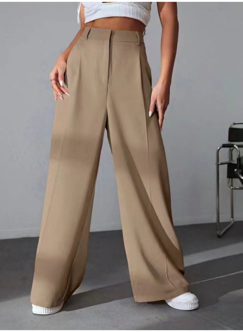 SCACTO Solid Color Wide Leg High Waist Straight Pants 