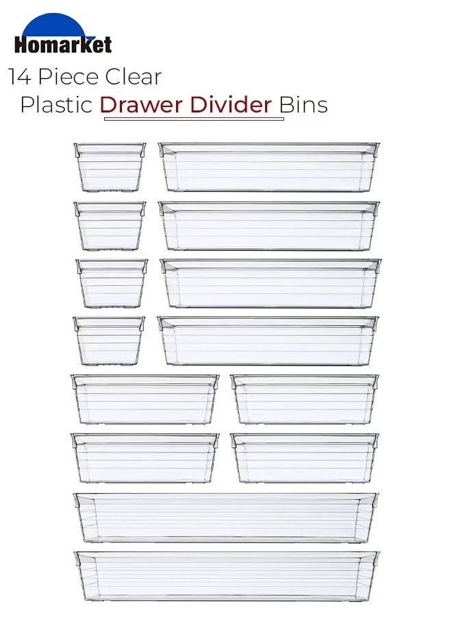 HomarKet 14 PCS Clear Plastic Drawer Organizers Set 4 Sizes Clear Drawer Organizers and storage Bins for Makeup Jewelry Vanity Kitchen Gadgets Or Office Desk Bathroom Drawer Organizer Trays With Non-Slip Pads  - Image 1