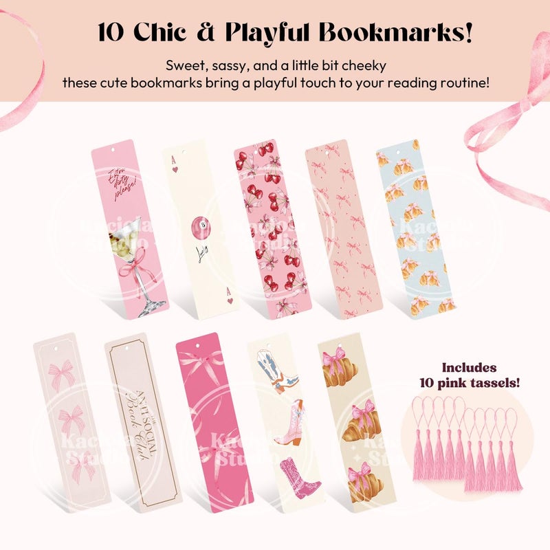 Kaciola Studio 10 PCS Pink Bow Bookmarks,Funny Bookmarks for Women,Double Sided Pink Romance Booklover Gifts,Cute Gifts for Romance Reader Friends Girls - Image 2