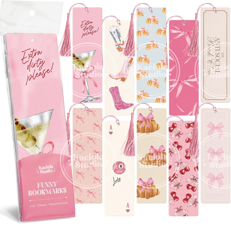 Kaciola Studio 10 PCS Pink Bow Bookmarks,Funny Bookmarks for Women,Double Sided Pink Romance Booklover Gifts,Cute Gifts for Romance Reader Friends Girls - Image 1