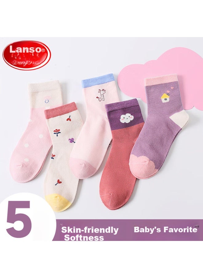 LANG SHA Langsha Children's Socks, Girls' Mid-calf Cotton Socks For All Seasons, High-elasticity Breathable Cloud And Flower Mesh Student Socks For Older Children - Image 1